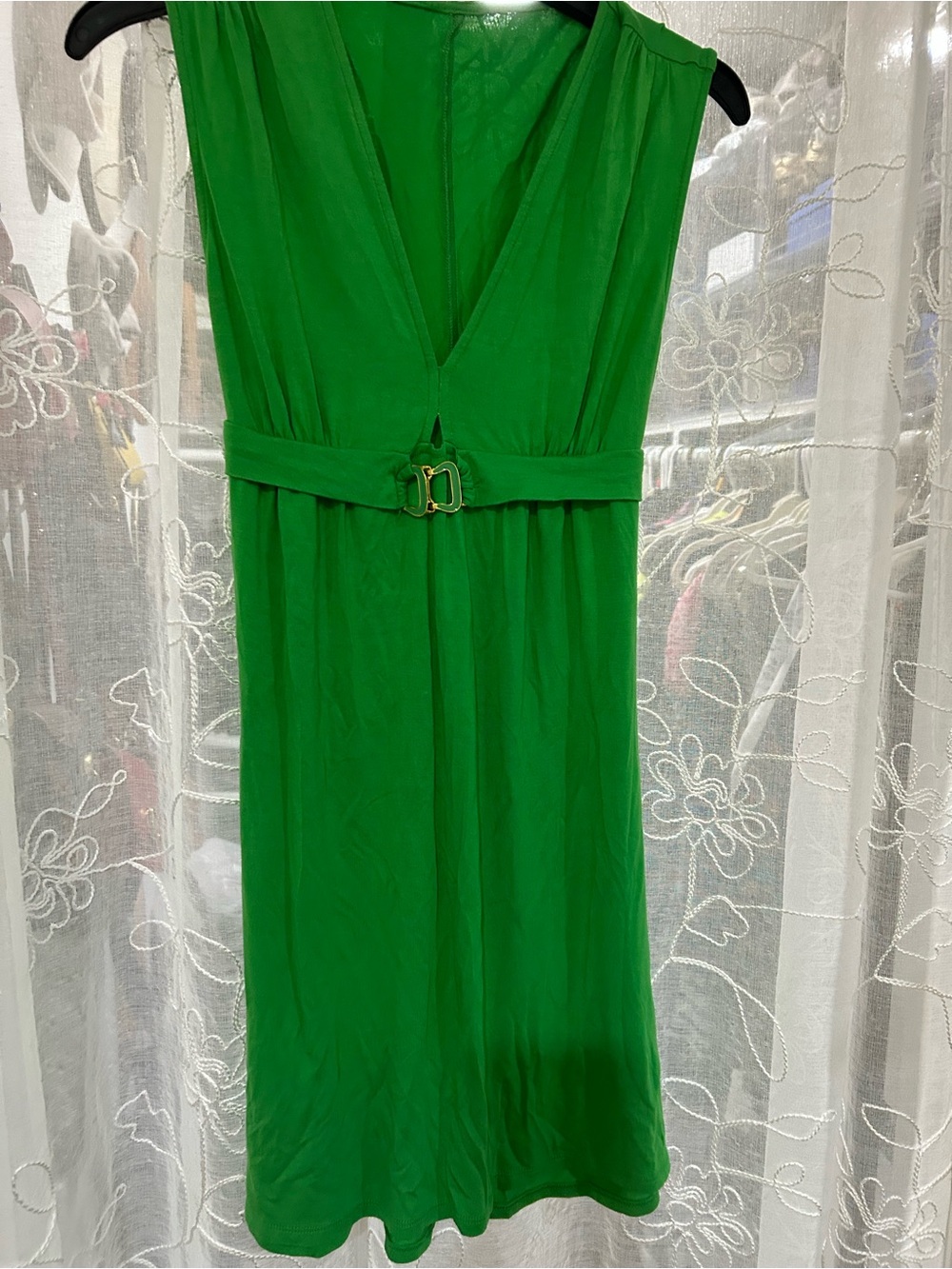 Tahari Emerald Green V-Neck Belted Mini Dress